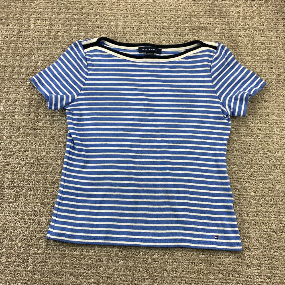 Tommy Hilfiger Shirt Women Medium M Blue White Striped Short T-Shirt Embroidered